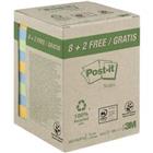 Post-it Gerecyclede zelfklevende memoblaadjes 76 x 76 mm Pastelkleuren 100 vellen Voordeelverpakking 8 + 2 gratis